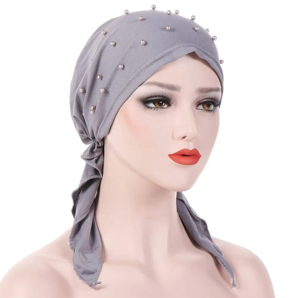 Muslim Beading Hijabs Islamic Turban Headscarf Long Tail Bandanas Hair Loss Hat Stretch Arab Chemo Cancer Cap Wrap Bonnet Beanie - Цвет: Gray