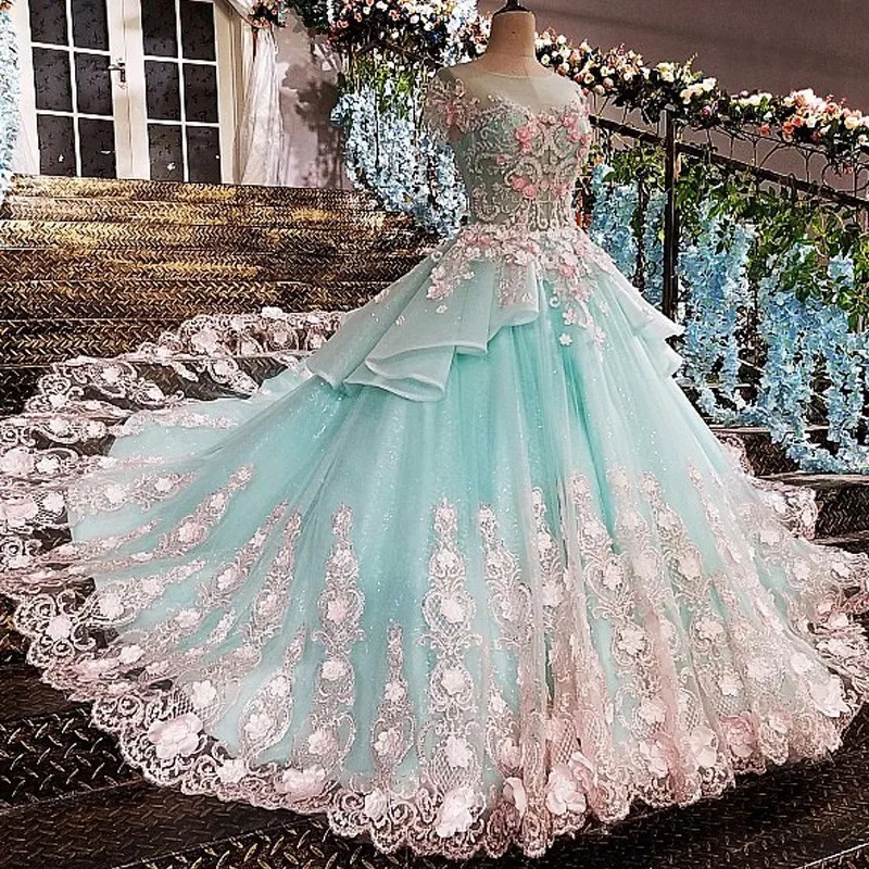 

Evening dress see through back flowers green appliques lace and 3D flowers o-neck floor lengyh vestidos de festa organza