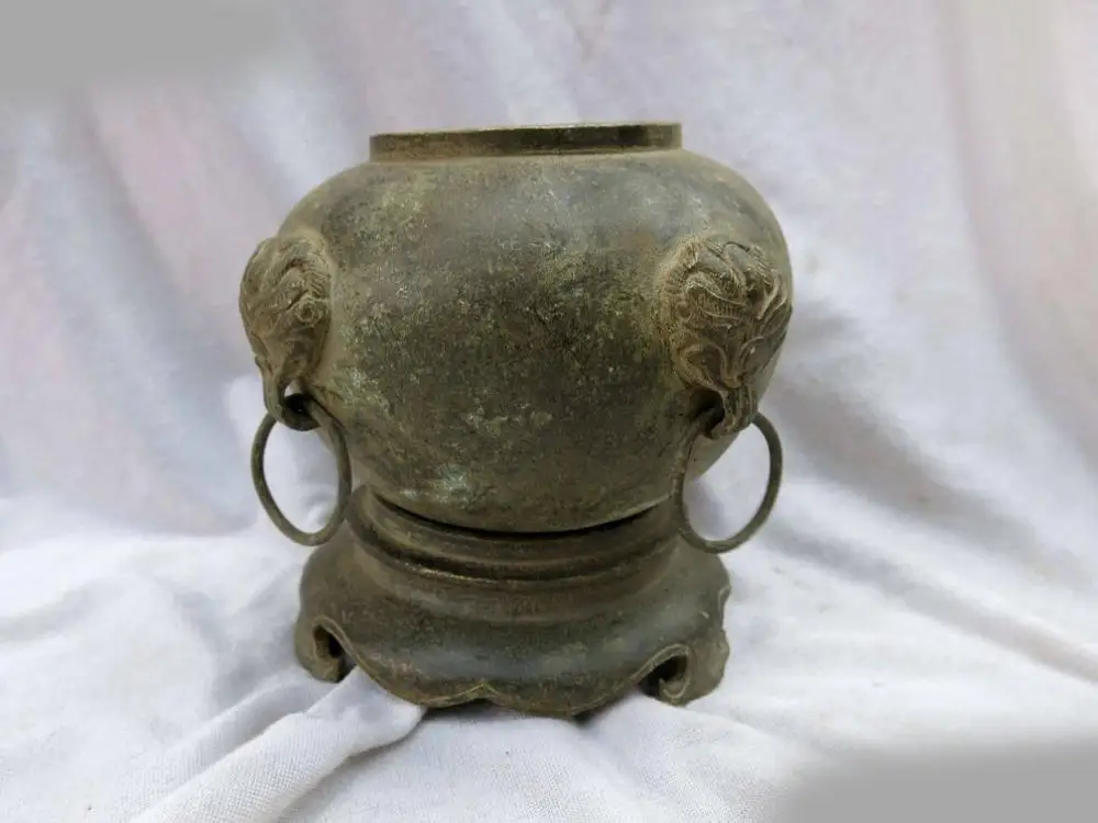 

DS China old bronze copper carved foure dragon Head Incense burner censer Statue