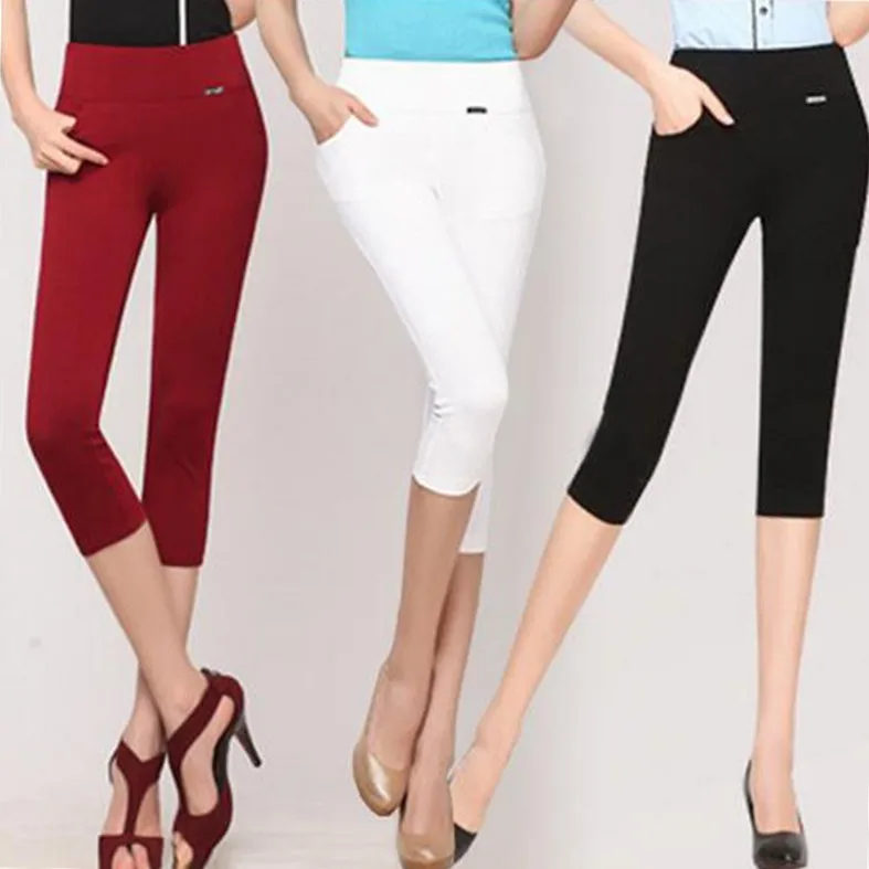 2018 Women's High-waist Leggings Summer Stretch Thin Capris Pencil Pant Plus Size S-6xl Knee Length Trousers Female Black White 2018 Women's High-waist Leggings Summer Stretch Thin Capris Pencil Pant Plus Size S-6xl Knee Length Trousers Female Black White