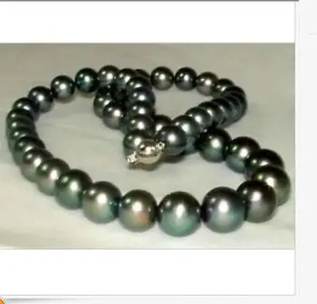 

stunning 10-12mmsouth sea round black green pearl necklace 18inch 925s