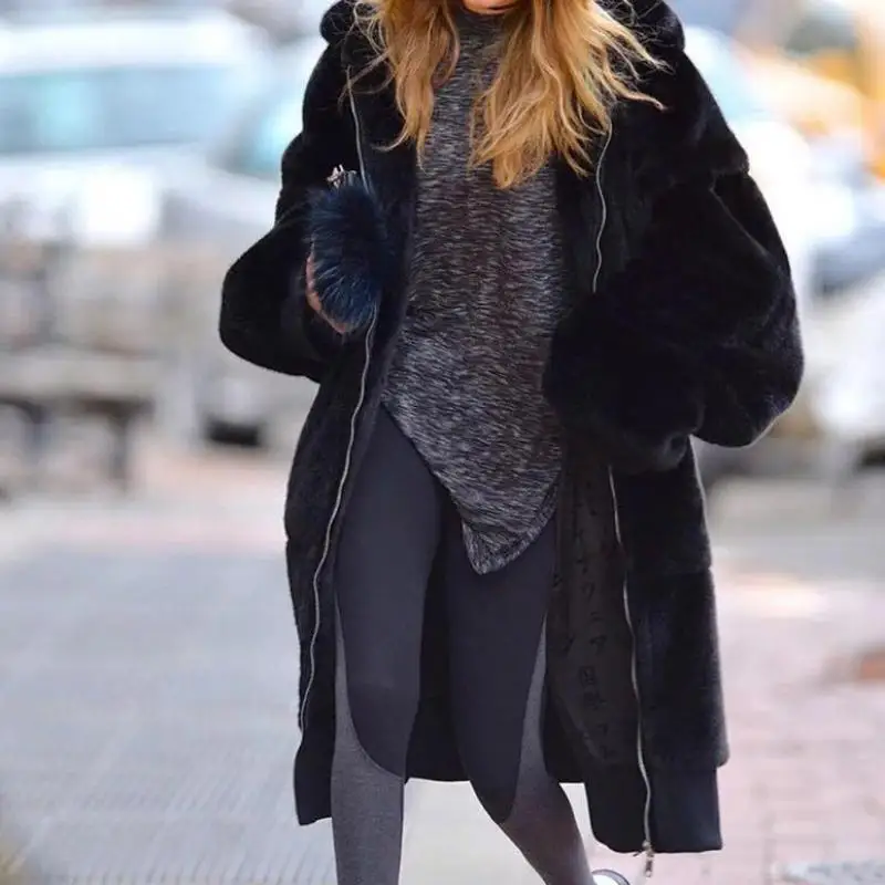 Женское зимнее теплое пальто с капюшоном, большие размеры, средней длины, однотонное, с мехом и искусственным мехом, для женщин,, повседневное, с длинным рукавом, плюшевое меховое пальто