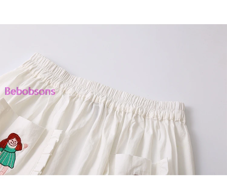 Лето Осень дизайн женские белые хлопковые юбки эластичный пояс до середины икры Длина Muppet Печать Вышивка Милая юбка для девочек