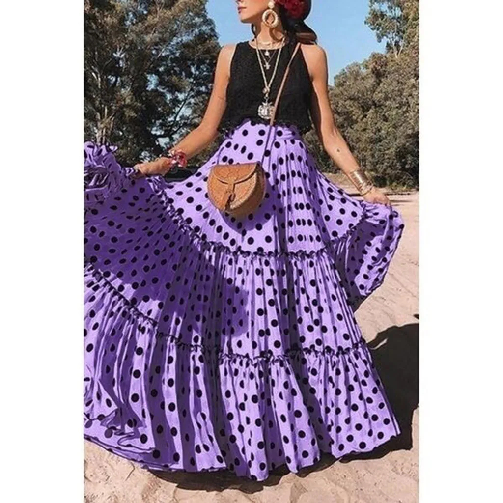 Chamsgend длинные юбки с принтом, Женская юбка макси, юбки для женщин размера плюс, высокая талия, узор в горошек, гофрированная плиссированная юбка# 4ZI - Цвет: Purple