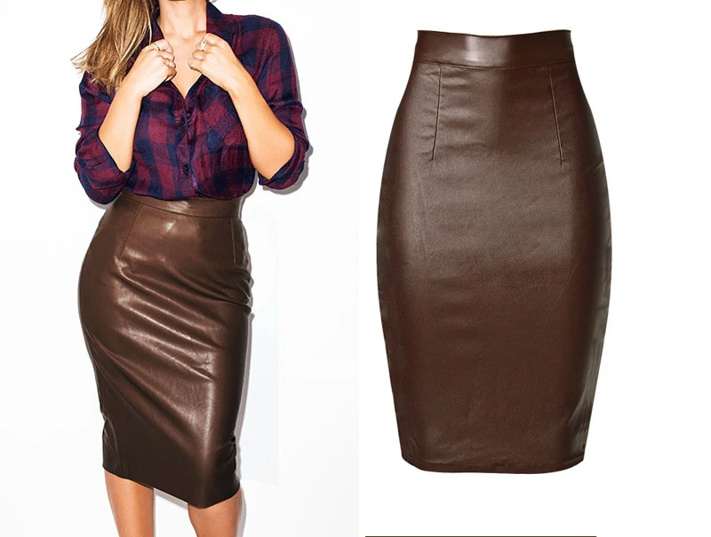 2017 European and American women's high waist Slim stretch brown leather imitation leather denim skirt (2)
