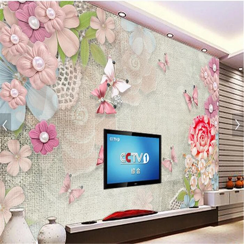

beibehang beautiful retro pearl flower butterfly pearl papel de parede 3d TV contracted large mural wall papers home decor