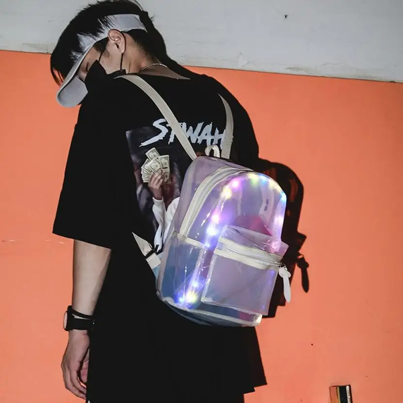 Las mujeres mochilas mochila brillo de bolso de las mujeres de la linterna de luz LED transparente mochila electrónicos bolsa mochila femenina A7