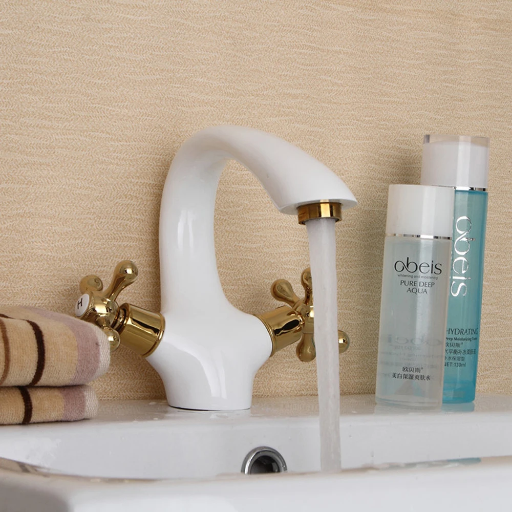 

Antique above counter basin White gold-plated Mixing faucet, Brass, Cold & Hot Water, bathroom taps send 60cm Inlet hose FMBJ203