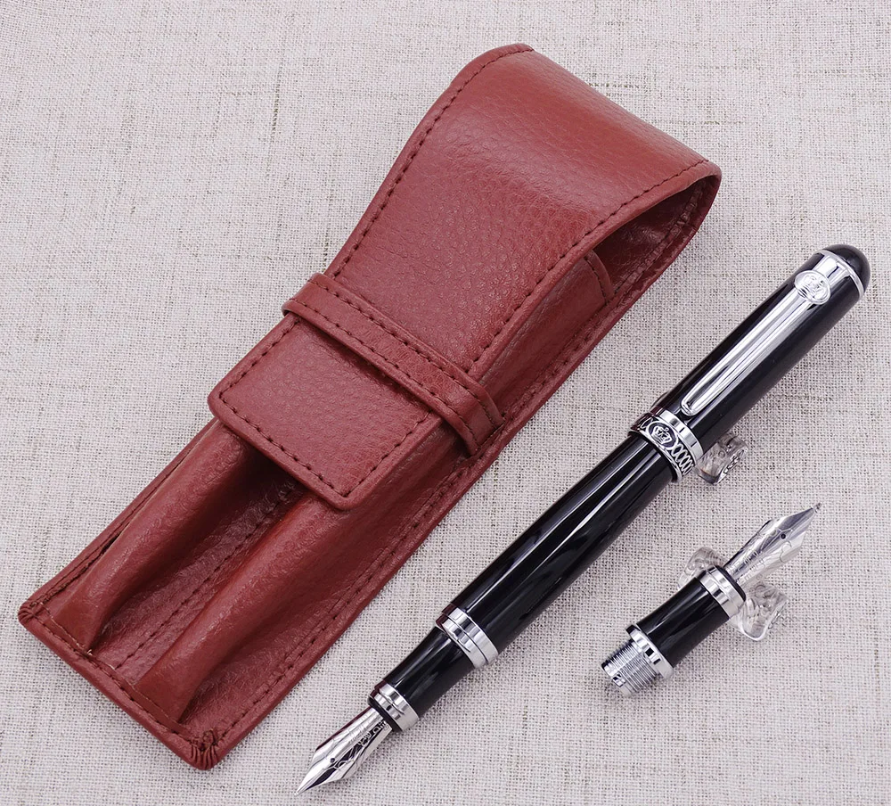 

Duke D2 Black Medium Nib Fountain Pen with 1 PCS Calligraphy Fude Bent Nib & A Leather Pencil Case Bag Interchangeable Gift Set
