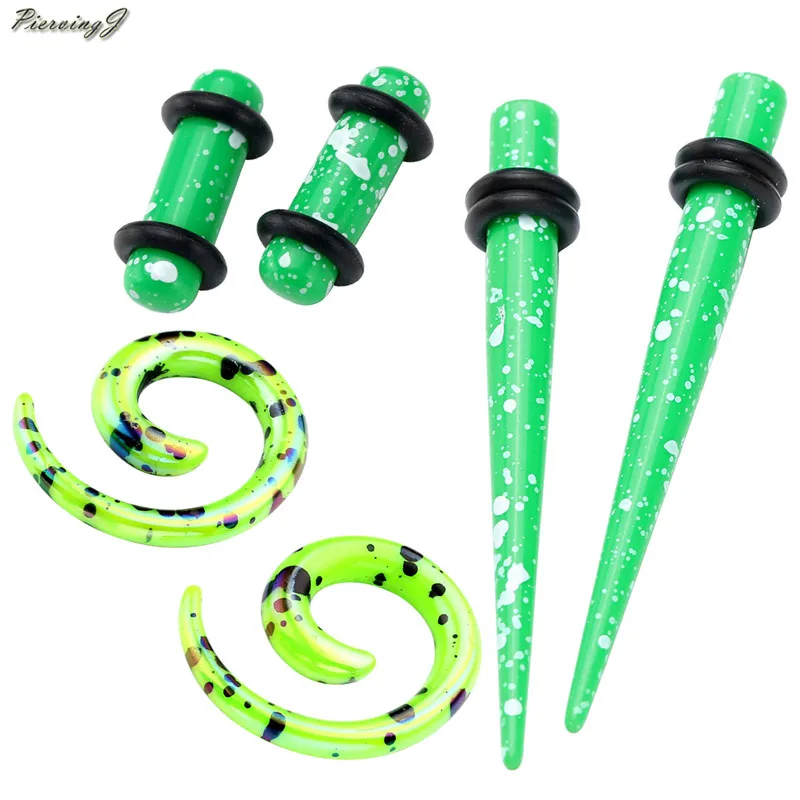 

PiercingJ Latest Style Ear Gauges Kit 6g/4mm Acrylic Tapers + Tunnels + Spiral Snail Plugs Stretching Set 6pcs Have 5 Colors