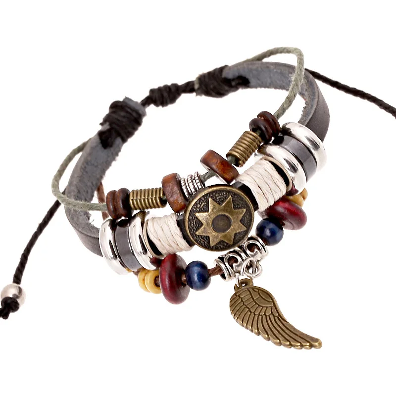 

Vintage Personality Multi-layer Beaded Woven Leather Bracelet Women Men Fashion Creative Alloy Wings Pendant Jewelry Accessories