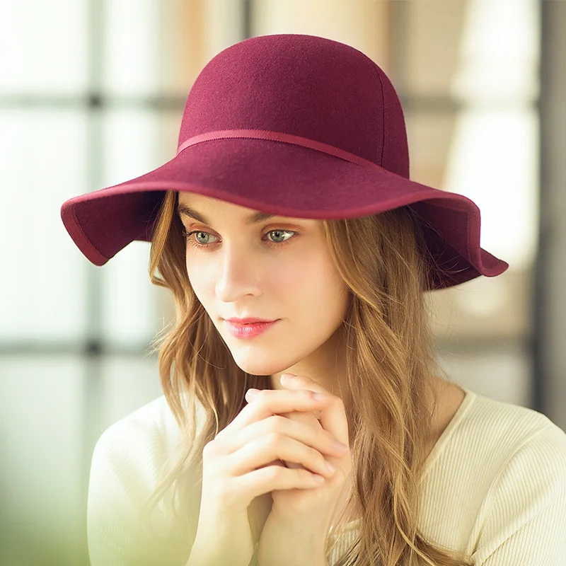 Lady Fedoras Wool Hats Wide Brim Girls Dome Woolenl Cap Female Winter