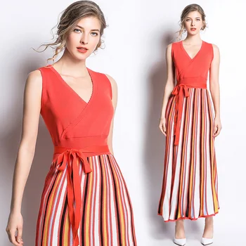 

Women Casual Long Dresses New 2019 Spring Fashion Sleeveless V-neck Knitted Sashes Patchwork Dress Female Elegant A-line Dresses