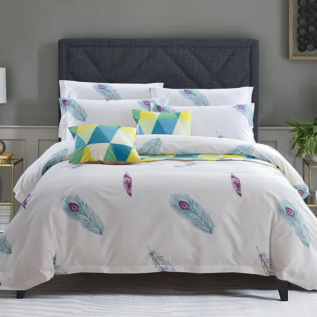 Fashion Feather Print Bedding Sets 4pc Duvet Cover Flat Sheet Fashion Feather Print Bedding Sets 4pc Duvet Cover Flat Sheet Pillowcase Queen King Bed
