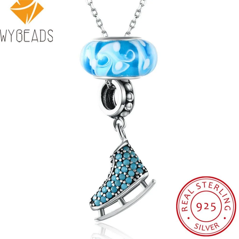 

WYBEADS 925 Sterling Silver Skate shoes Blue CZ Pendant Necklaces Murano Bead Fit Women Fine Sterling-Silver-Jewelry Collares