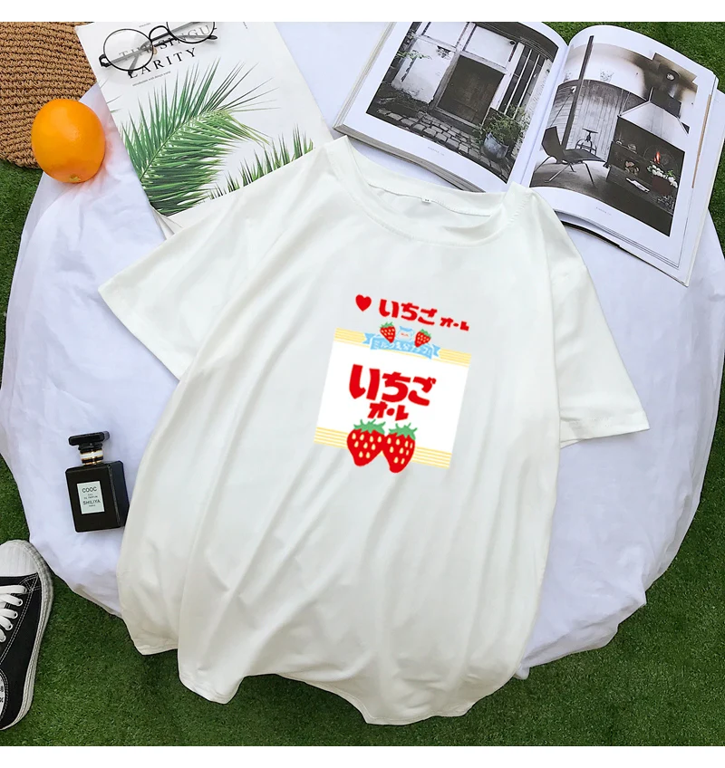 Summer Women Short Sleeve T Shirt Casual Kawaii Funny Strawberry Printed O-Neck Tshirt Female Loose Harajuku streetwear Tee Tops (7)
