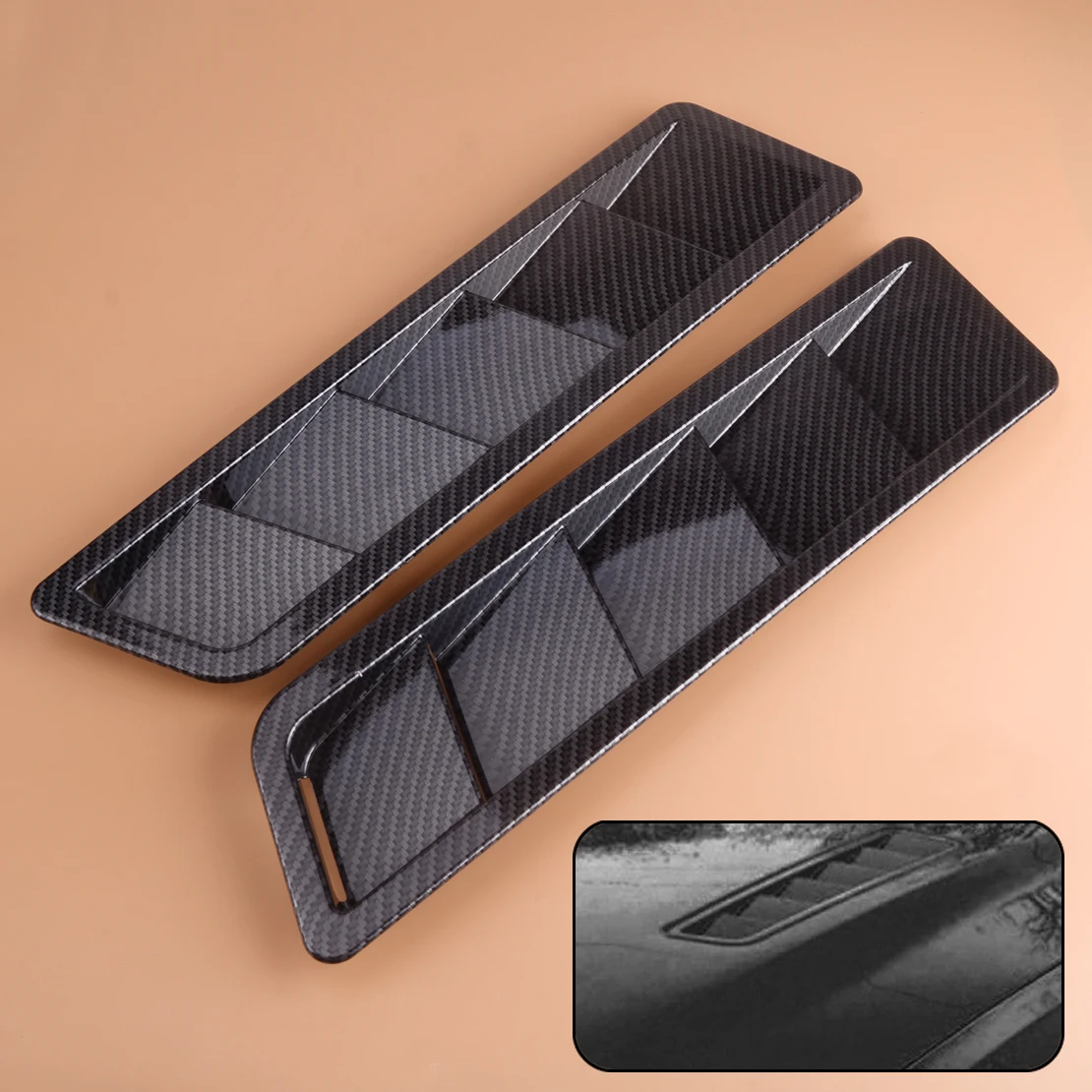 beler 2pcs Universal Solid ABS Carbon Fiber Style Look Style Hood Vent Louver Cooling Panel Trim 