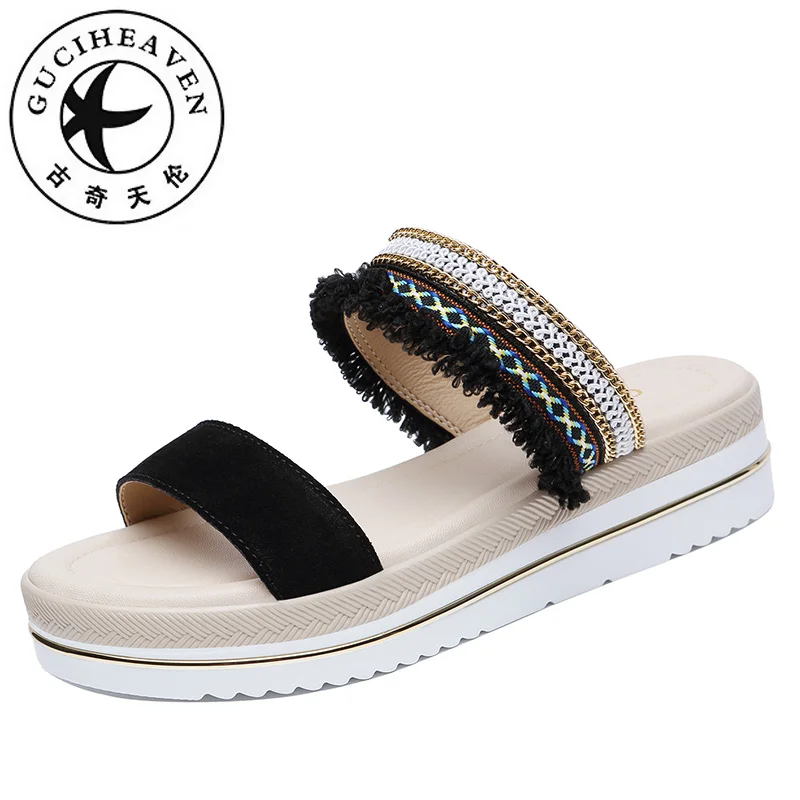 

Guciheaven Women Thick Sole Lace Cloth Canvas Slippers Med High Heels Outside Patchwork Mixed Colors Chain Gingham Strap Sandals