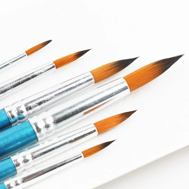 6 Pcs/Set Nylon Hair Round Paint Brush Set Wooden Handle Material for