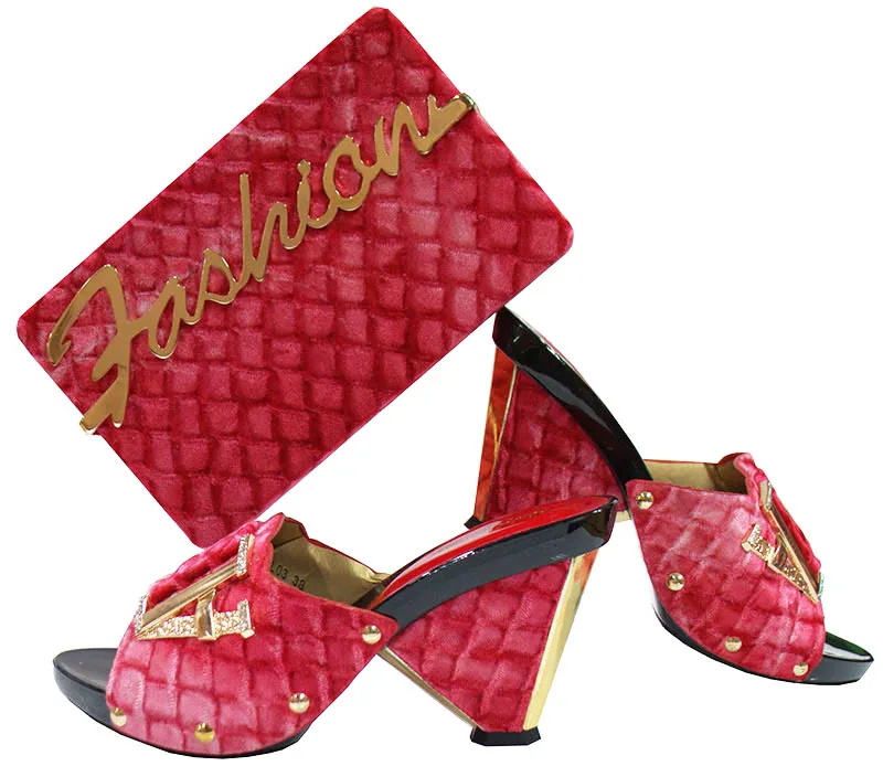 

Free shipping newest fashion red elegant italian shoes pumps specail velvet material with matching nice clutches bag SB8135-3