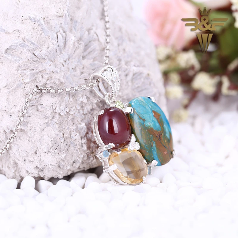 

Private custom Lucky Jewelry Three kinds Natural Stone combination Four claws Sterling 925 Silver Beauty Pendant Short