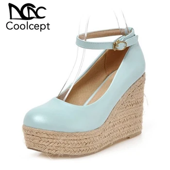 

Coolcept Spring Women Pumps Round Toe Ankle Strap Wedges Shoes Solid Color Outdoor Holiday Sweet Women Footwear Size 33-43