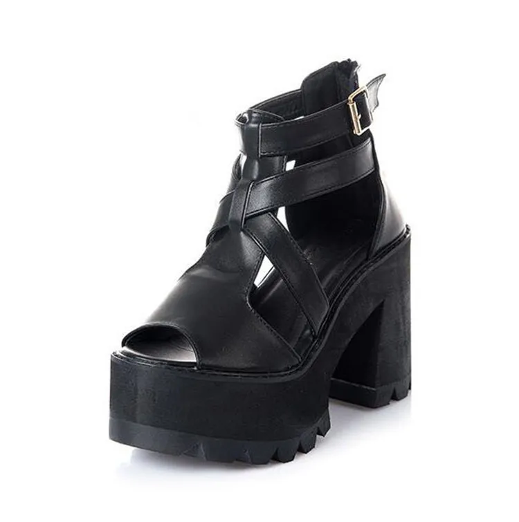 PXELENA/сандалии-гладиаторы в готическом стиле; женская летняя обувь; черные босоножки на высоком каблуке; обувь на платформе; женские босоножки на толстом каблуке - Цвет: Черный