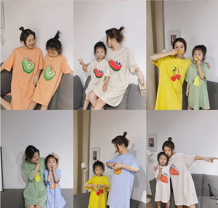 

Dress Mom Daughter Clothes Cotton Casual Fruit Print Short Sleeve T-Shirt Dress Mommy and Daughter Matching Clothing Summer New