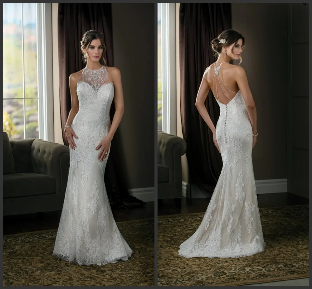 

Lace Appliques Wedding Gown Bride Dresses Robe De Mariage 2019 Halter Sleeveless Wedding Dress Mermaid 2019 New Open Back
