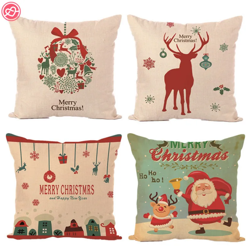 45*45cm Christmas Decorations For Home Santa Clause Deer Cotton Linen Jute Pillow Case Decoration Gifts Favors | Дом и сад