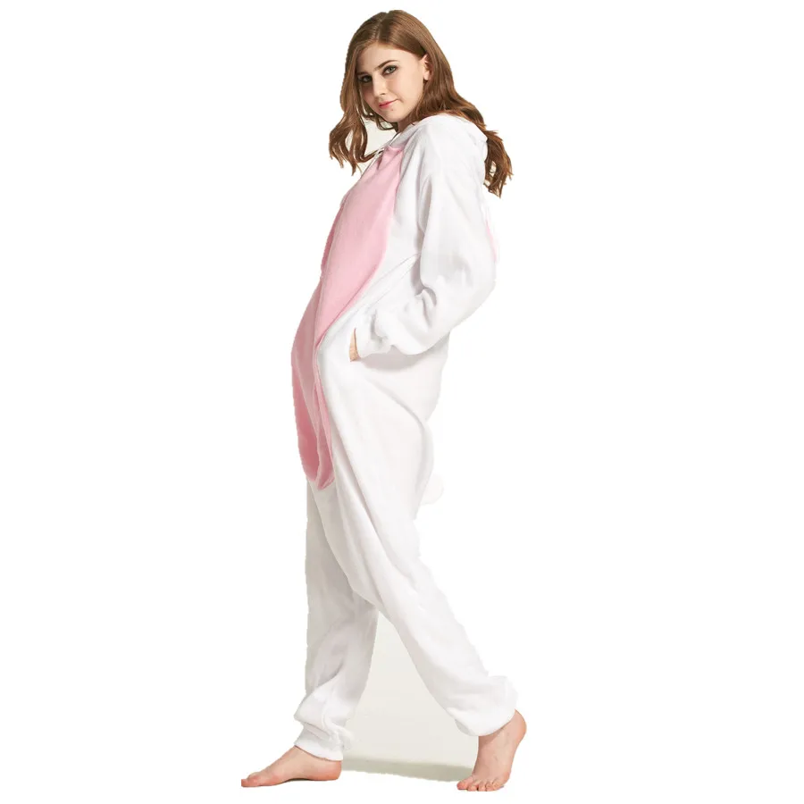 Adults Polar Fleece White Rabbit Animal Kigurumi Women Men Onesies Pyjamas Cosplay Costume Halloween Carnival Party
