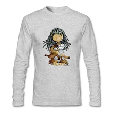 Natural 100% Cotton Little Indian Girl With A Grey Wolf Puppie Men’s Full Sleeves cool tshirts Man Crew-Neck Tee Shirts