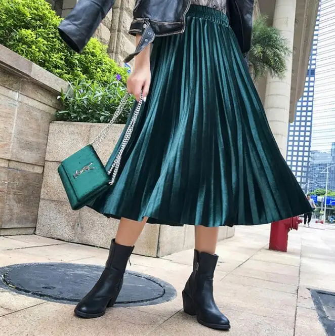 Велюровая женская юбка, 10 цветов, Осень-зима, корейский стиль, золотой бархат, эластичная талия, средняя длина, юбки для девочек, Студенческая Базовая плиссированная юбка