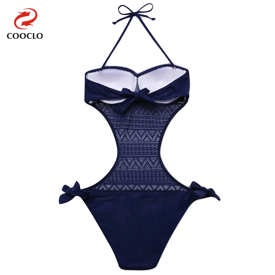 Günstige COOCLO 2019 Neue Einteilige Badeanzug Frauen Badeanzüge Striped Halter Spitze Cut out Beach wear Backless Bademode Badeanzug