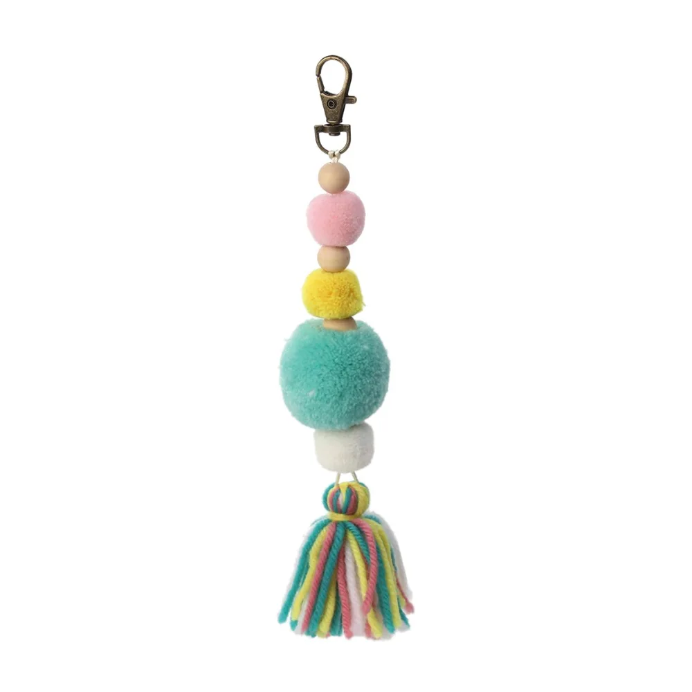 

Doreen Box Plush Pom Pom Ball Tassel Keychain Keyring Bag Hanging Jewelry Wood Beads Antique Bronze Lobster Clasp 21cm, 1 PC