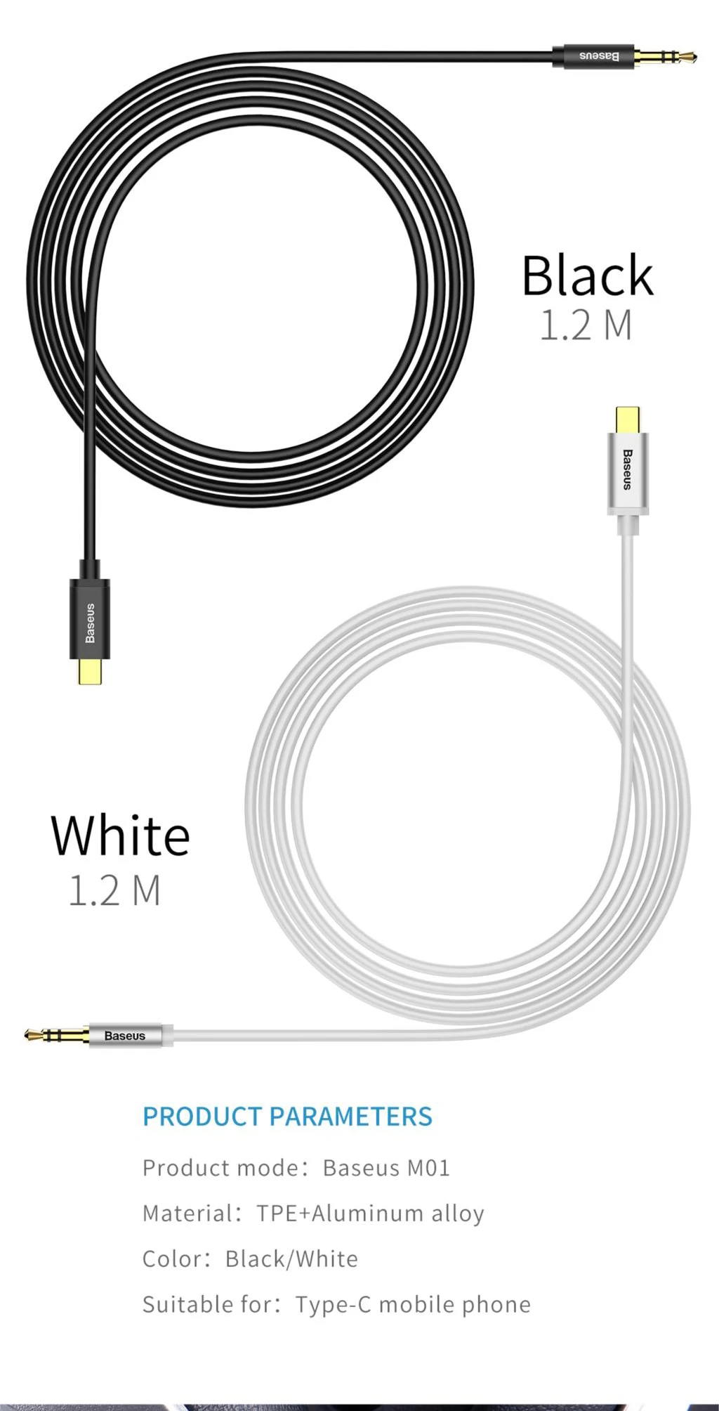 Baseus M01 Cavo Audio USB-C A 3.5mm | 1,2 Metri | Nero | Antigroviglio | Per Smartphone E Dispositivi Type-C