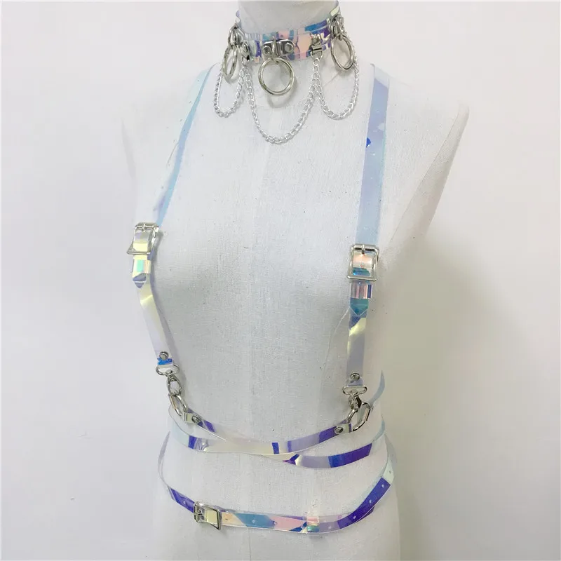 

Fashion Holographic PU Leather Suspenders Two Piece Set Sexy Bondage Bra Garter Metal Chain Choker Harness Party Night Club Suit