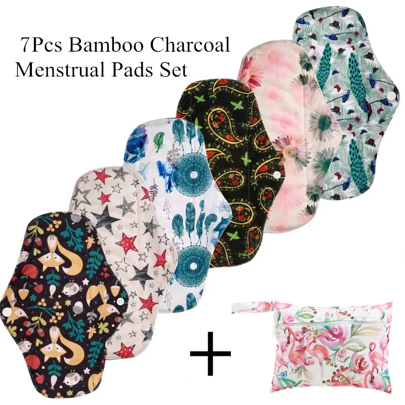 

[simfamily] 6+1 sets Reusable Bamboo Charcoal Sanitary Pads Regular Flow pads Health higiene feminina Menstrual Cloth Pads