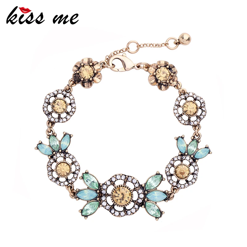

KISS ME Elegant & Fashion Female Green & Champagne Crystal Flowers Charm Bracelets for Women Brand Jewerly
