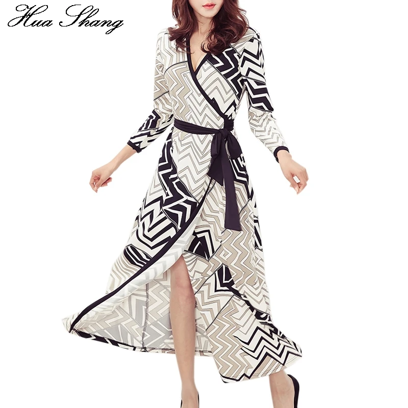 

2017 Women Fashion Wrap Dress V-Neck Cropped Sleeve Belted Geometric Print Dress High Waist Split Sheath Party Work Causal Dress
