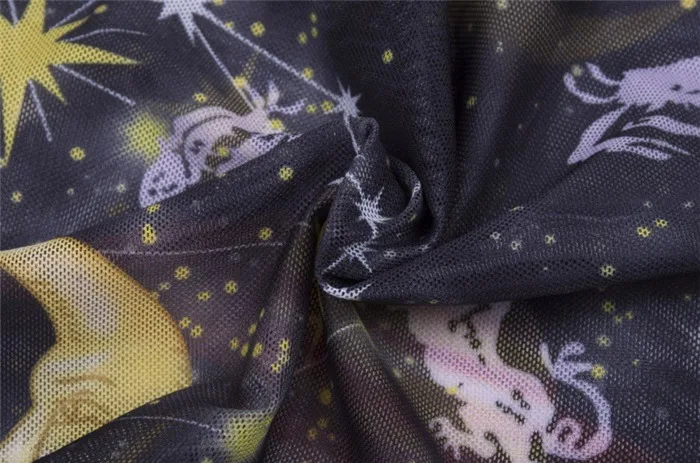 LVINMW сексуальные Galaxy печати рюшами сетки видеть сквозь Топ Лето Для женщин с открытыми плечами Slash шеи бретели Топ женский футболка