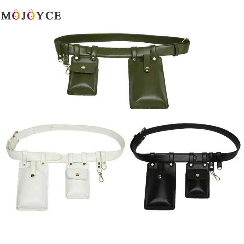 Punk Style Dual Pouch Women Belt Bag Keychain PU Leather Waist Bags Fashion Fanny Pack