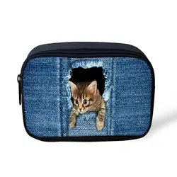 Думаю Denim Cat с милым принтом Для женщин составляют чехол молнию кошелек школьные сумки карандаш пенал для карандашей из полиэстра настроить