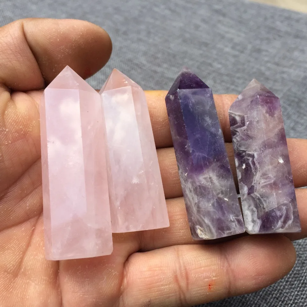 4pcs Natural rose and Amethyst quartz obelisk crystal wand point