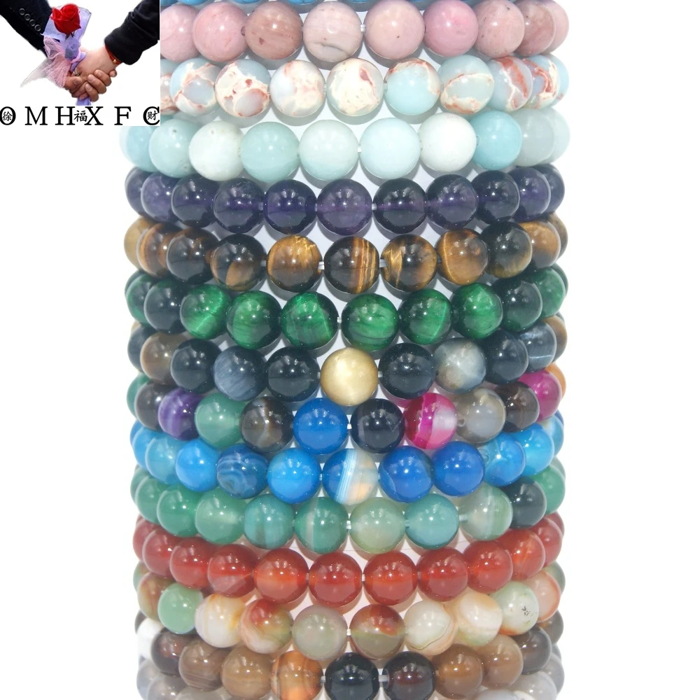 

OMH Wholesale6 8 10 MM Transfer Luck Natural Stone Beads Agates Tiger Eye Lapis Lazuli Bracelets Women Men Yoga bracelet ZZ07