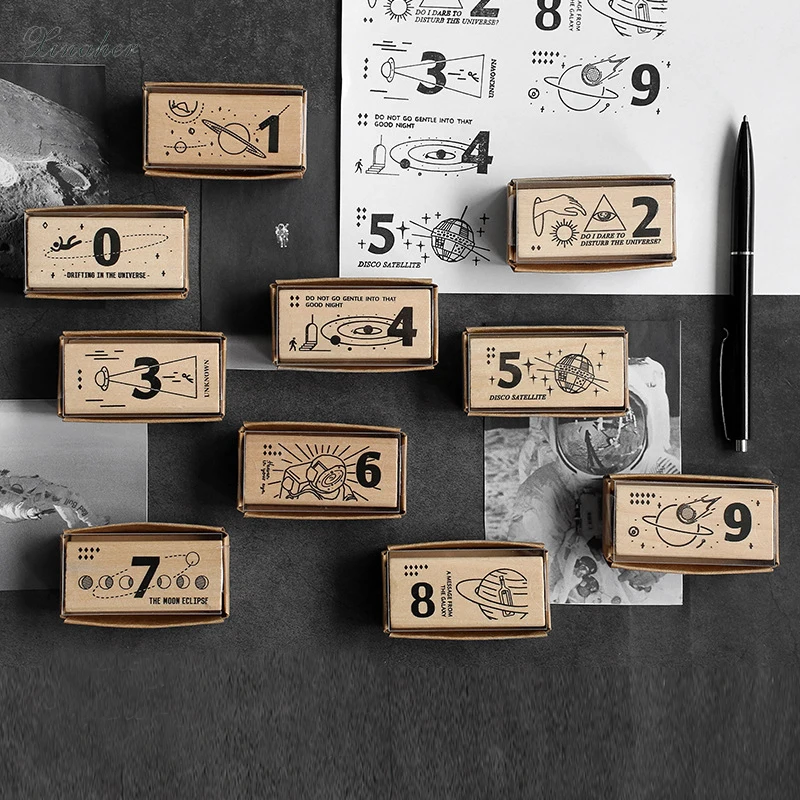 

XINAHER vintage universe number wood stamp DIY craft wooden rubber stamps for scrapbooking diary scrapbooking standard stamp