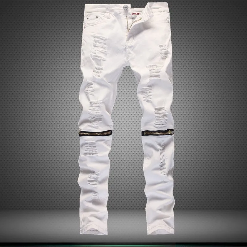 Модные дизайнерские рваные белые джинсы уничтожены мужчин Slim Fit Карандаш повседневные штаны на молнии уличная эластичные брюки для