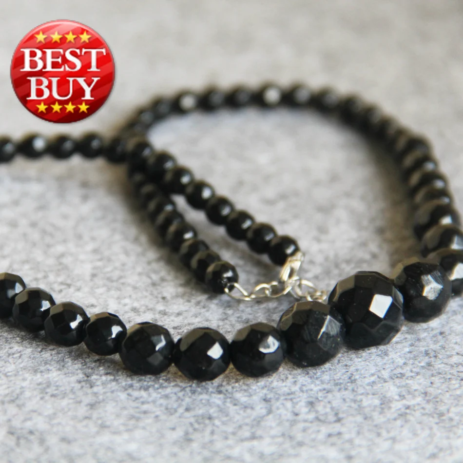 

Women Gift word Love women Fashion Jewelry Hot sale 6-14mm Natural Black Faceted STONE beads Necklace women Round stone st