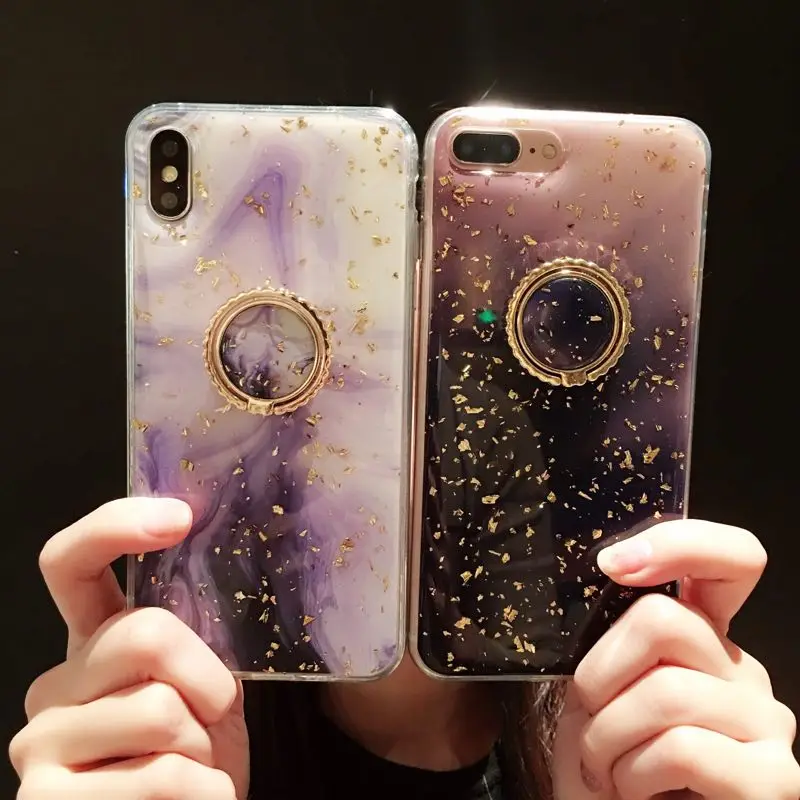 

Gold Foil Star Purple Soft Shell Smudge Ring Holder Phone Case for Apple iPhone 6 7 8 6S 6SPlus 7Plus 8Plus X XS XR Xsmax