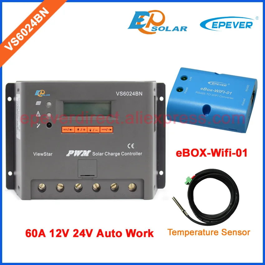 

controller built in LCD display solar panels system 12V 24V auto work VS6024BN with temperature sensor and wifi BOX 60A 60amp
